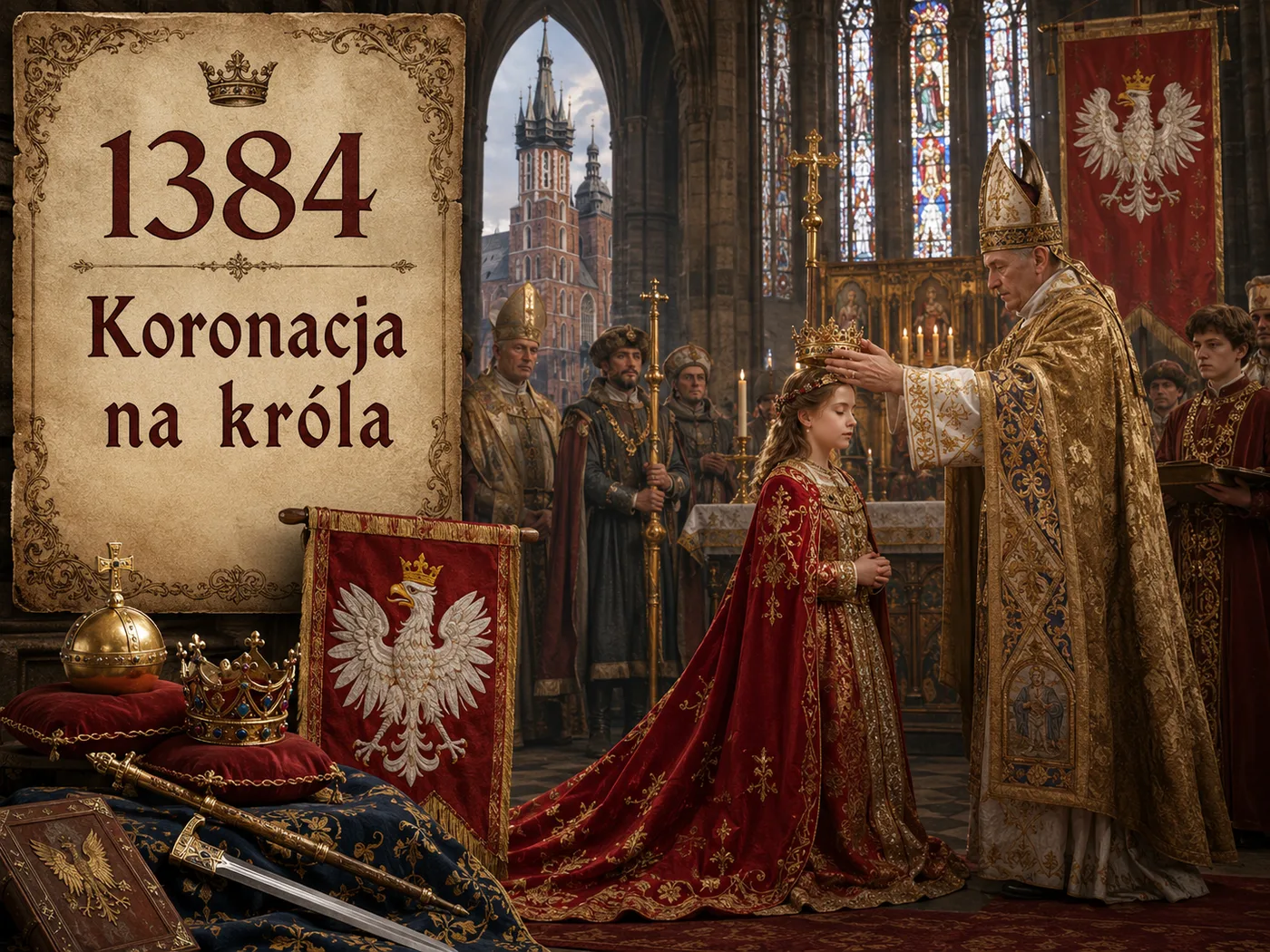 Koronacja Jadwigi Andegaweńskiej na Wawelu w 1384 roku — młodziutka władczyni przyjmuje koronę w katedrze wśród biskupów i dostojników.