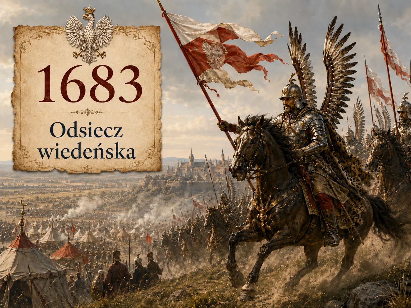 Odsiecz wiedeńska 1683 — szarża polskiej husarii ze skrzydłami zjeżdżająca ze wzgórz na turecki obóz oblegający Wiedeń.