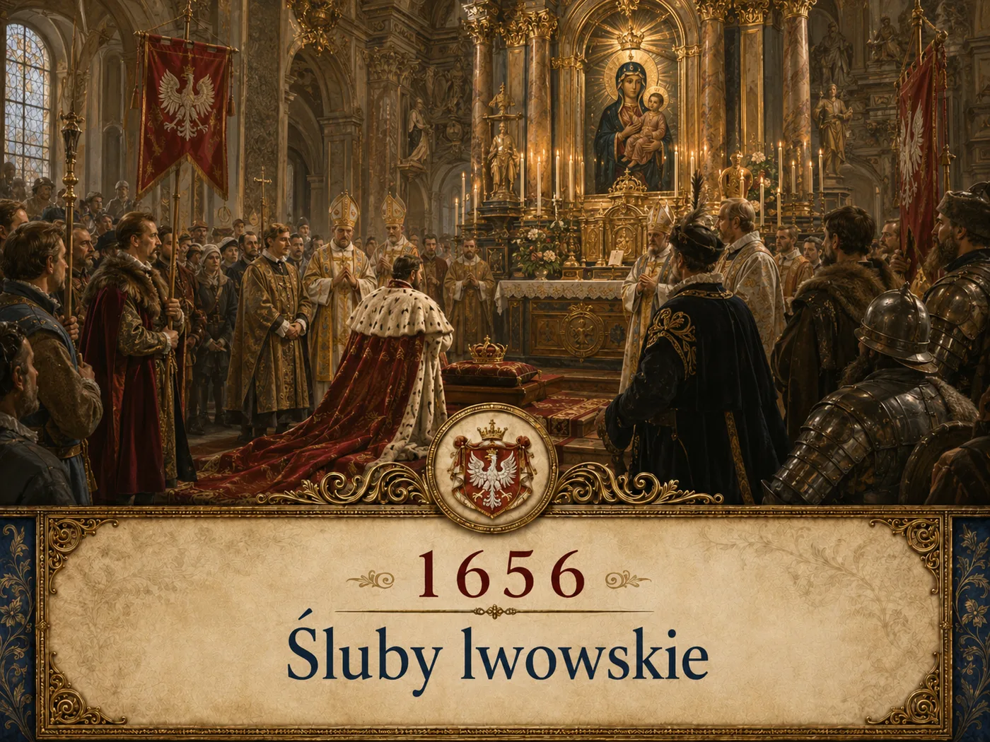 Śluby lwowskie 1656 — król Jan Kazimierz klęczy przed obrazem Matki Bożej w katedrze lwowskiej, wśród biskupów i tłumu wiernych.