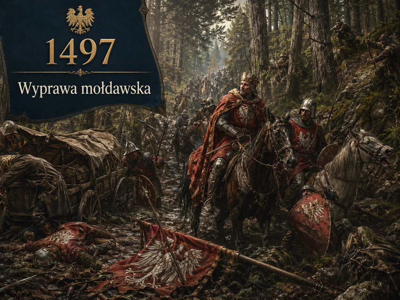 Klęska wyprawy mołdawskiej 1497 — wojsko Jana Olbrachta ginie w zasadzce w lasach bukowińskich pod Koźminem; powalone drzewa i chaos bitwy.