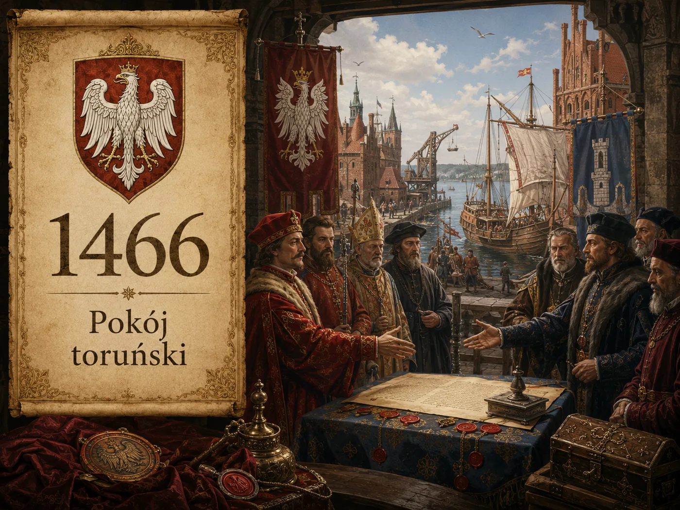 Pokój toruński 1466 — bałtycki port z żaglowcami po odzyskaniu Pomorza Gdańskiego, symbol końca wojny trzynastoletniej.