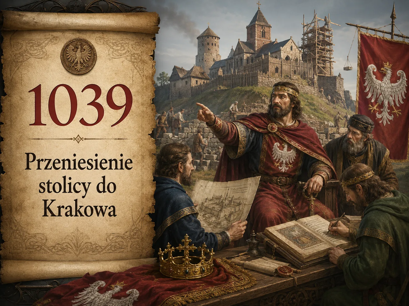 Kazimierz Odnowiciel na wzgórzu wawelskim w Krakowie — odbudowa państwa po kryzysie; w tle dwór książęcy i zabudowania grodu nad Wisłą.