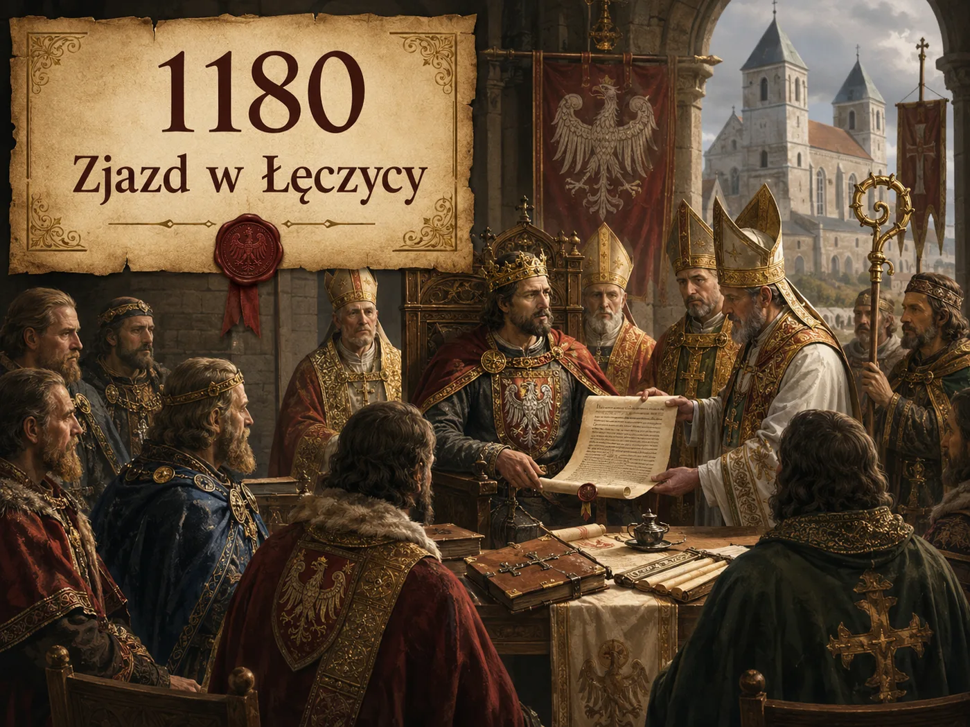 Zjazd w Łęczycy w 1180 roku — Kazimierz Sprawiedliwy wśród biskupów i możnych nadaje przywilej Kościołowi; uroczyste zgromadzenie stanów.