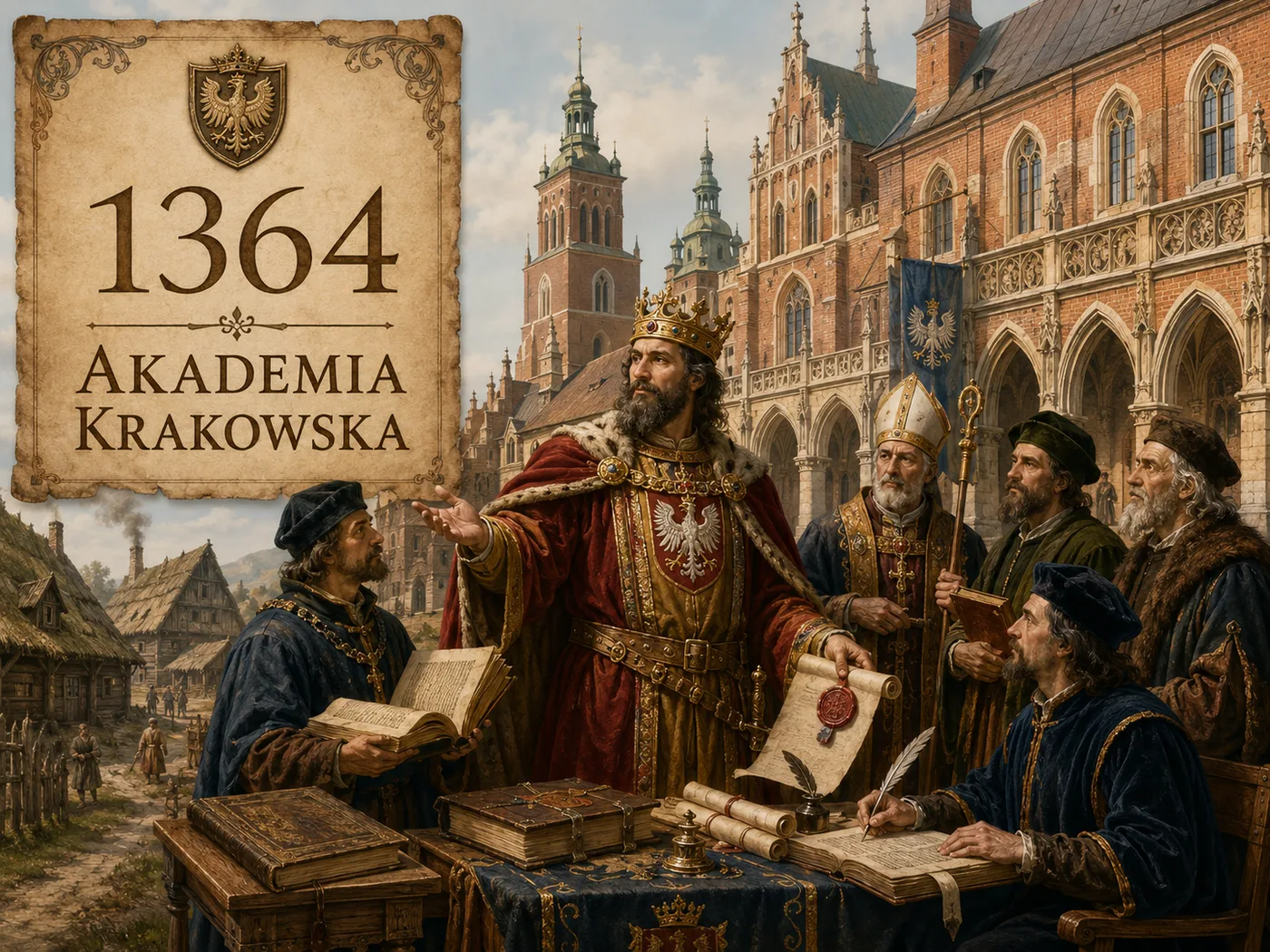Założenie Akademii Krakowskiej w 1364 roku — król Kazimierz Wielki wśród uczonych i żaków na tle murowanych, gotyckich gmachów uczelni.