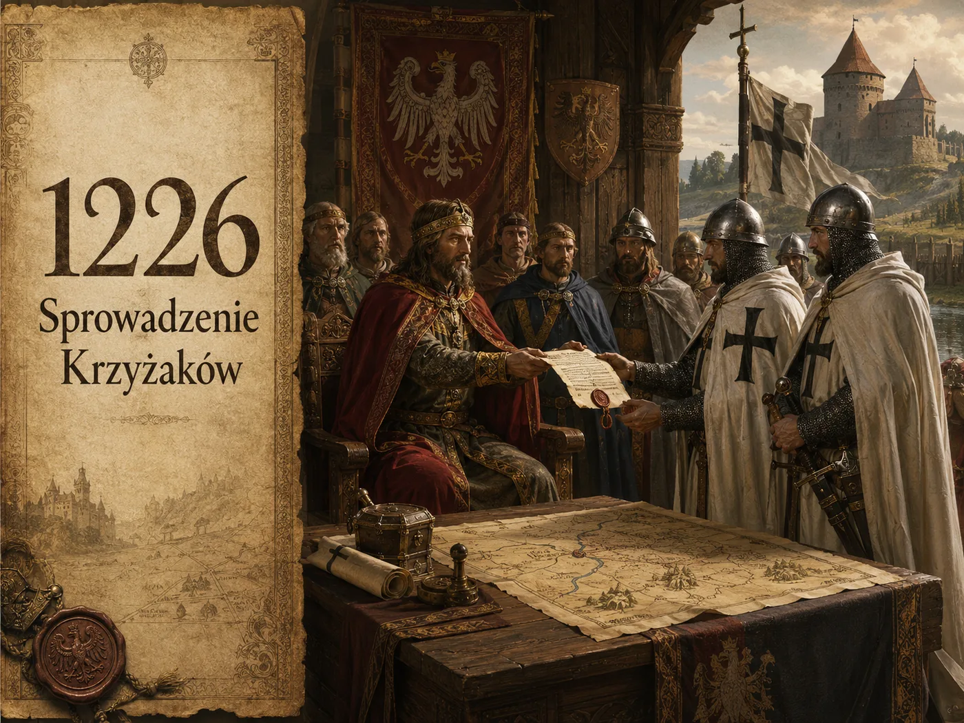 Konrad Mazowiecki wręcza dokument nadania ziemi chełmińskiej rycerzom Zakonu Krzyżackiego w 1226 roku; zakonnicy w białych płaszczach z czarnymi krzyżami.
