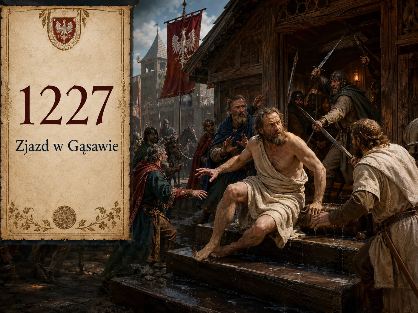Zamach w Gąsawie w 1227 roku — napastnicy dopadają Leszka Białego w łaźni; dramatyczny koniec księcia zwierzchniego.