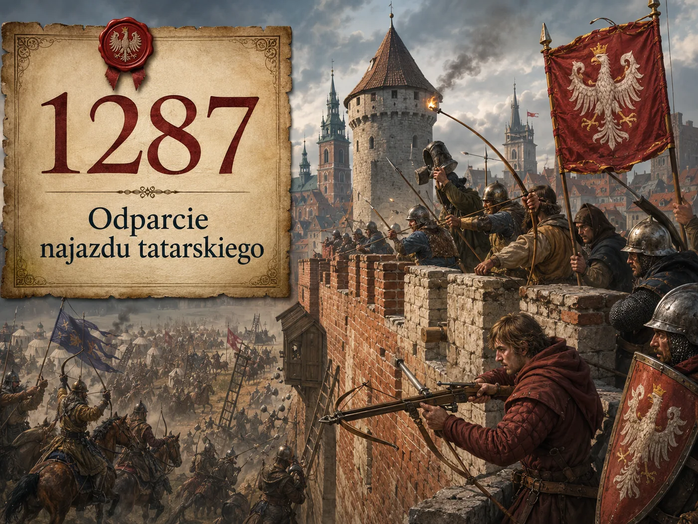 Obrona Krakowa przed Tatarami w 1287 roku — mieszczanie na blankach murów miejskich odpierają najazd; miasto ocalało dzięki nowym umocnieniom Leszka Czarnego.