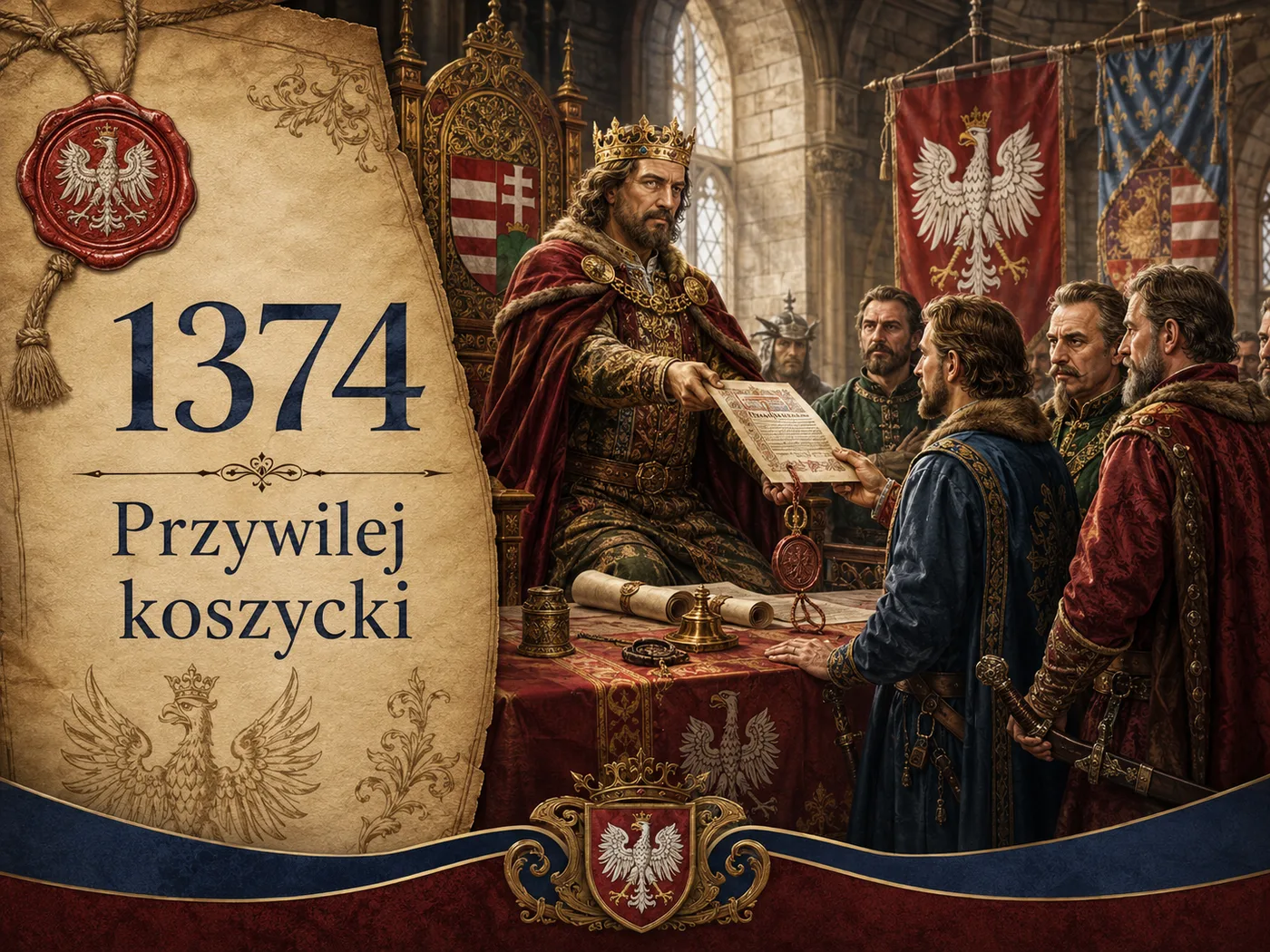 Przywilej koszycki 1374 — Ludwik Węgierski wręcza szlachcie dokument nadania przywilejów w Koszycach; zgromadzeni rycerze i możni przyjmują królewski akt.
