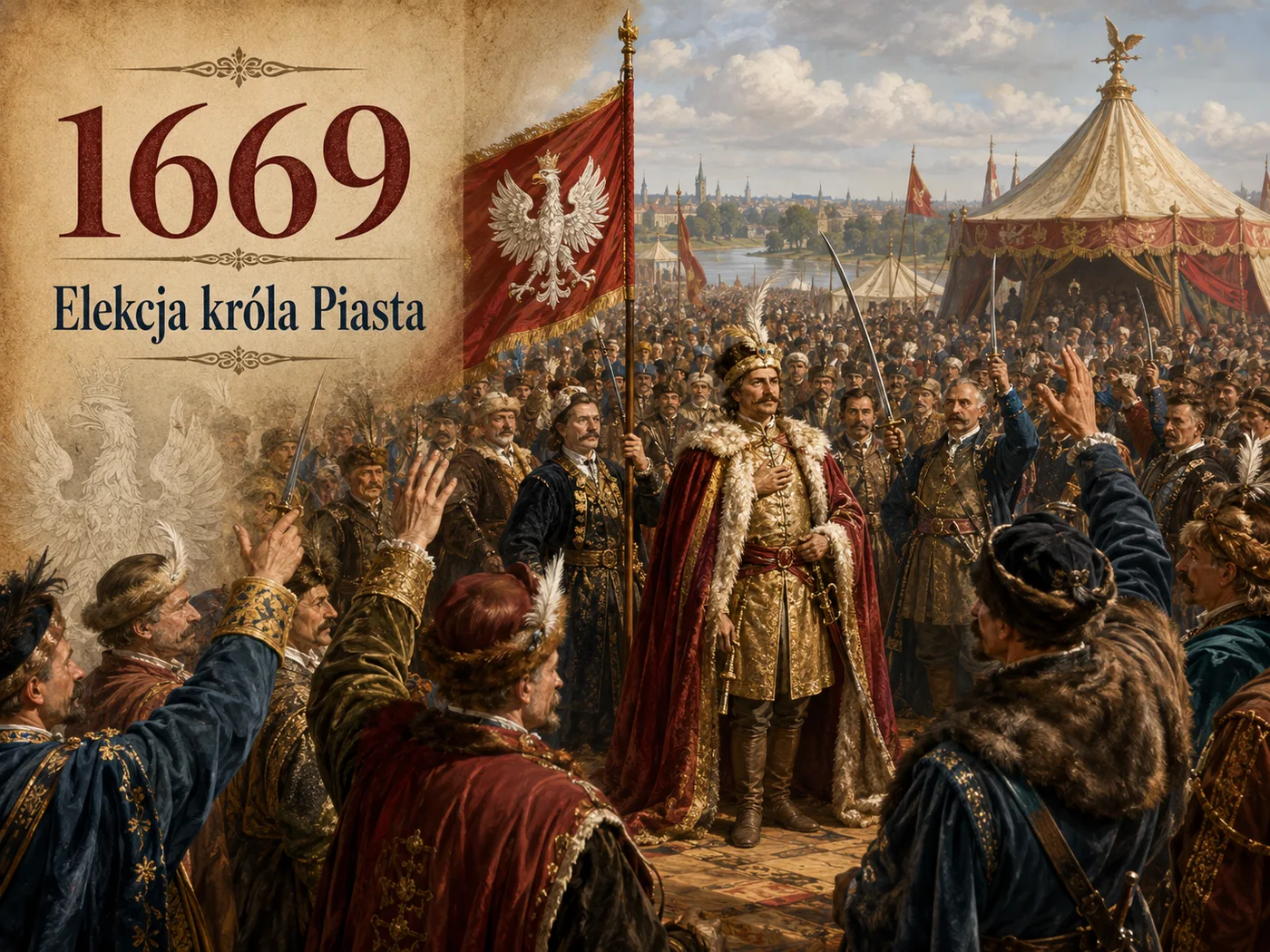 Elekcja 1669 na polu elekcyjnym na Woli pod Warszawą — tłumy szlachty na koniach obierają Michała Korybuta Wiśniowieckiego, rodzimego „króla Piasta”.