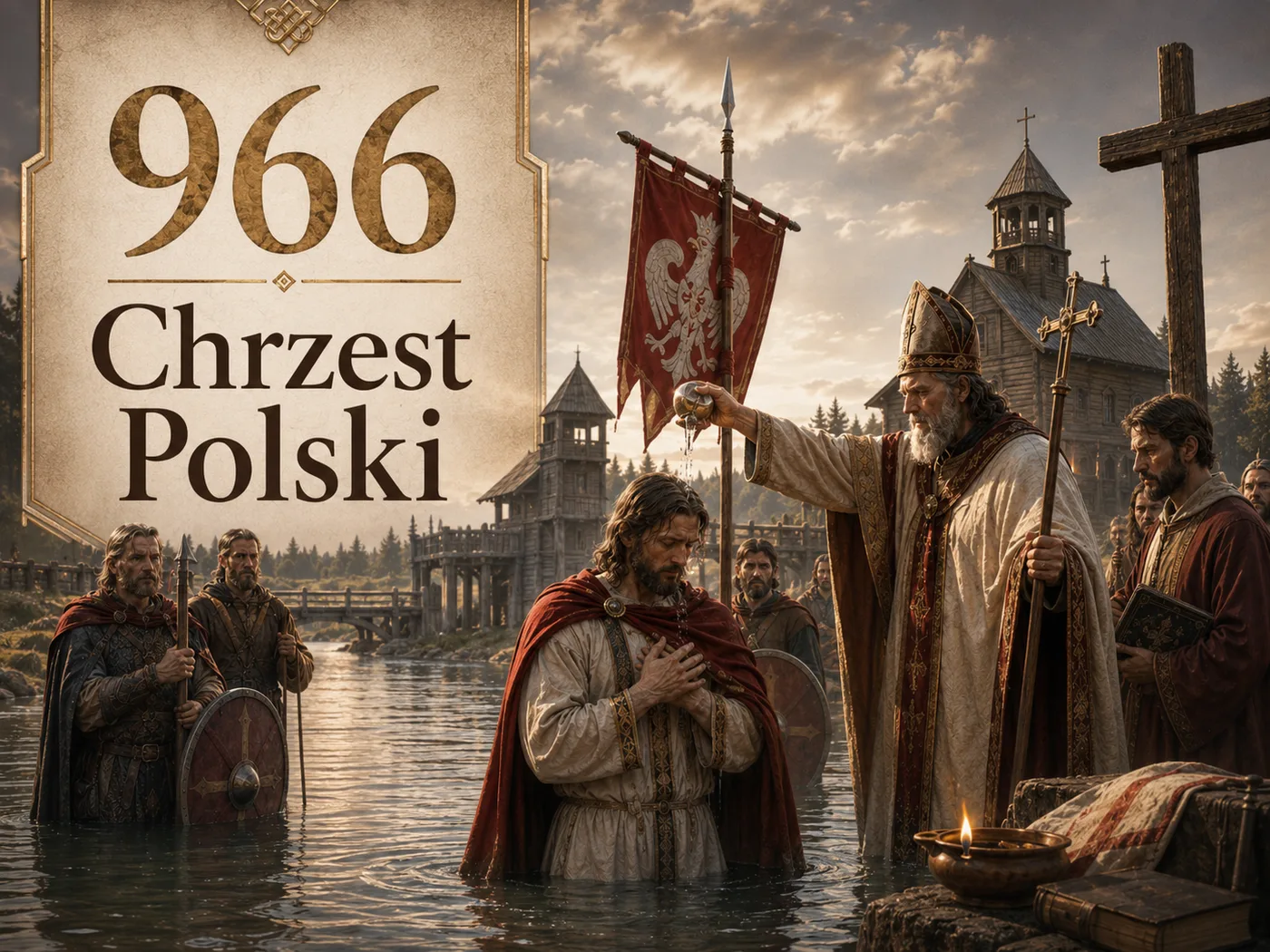 Scena chrztu Mieszka I w 966 roku — biskup polewa wodą głowę księcia nad rzeką, w tle sztandar z orłem i drewniany kościół.