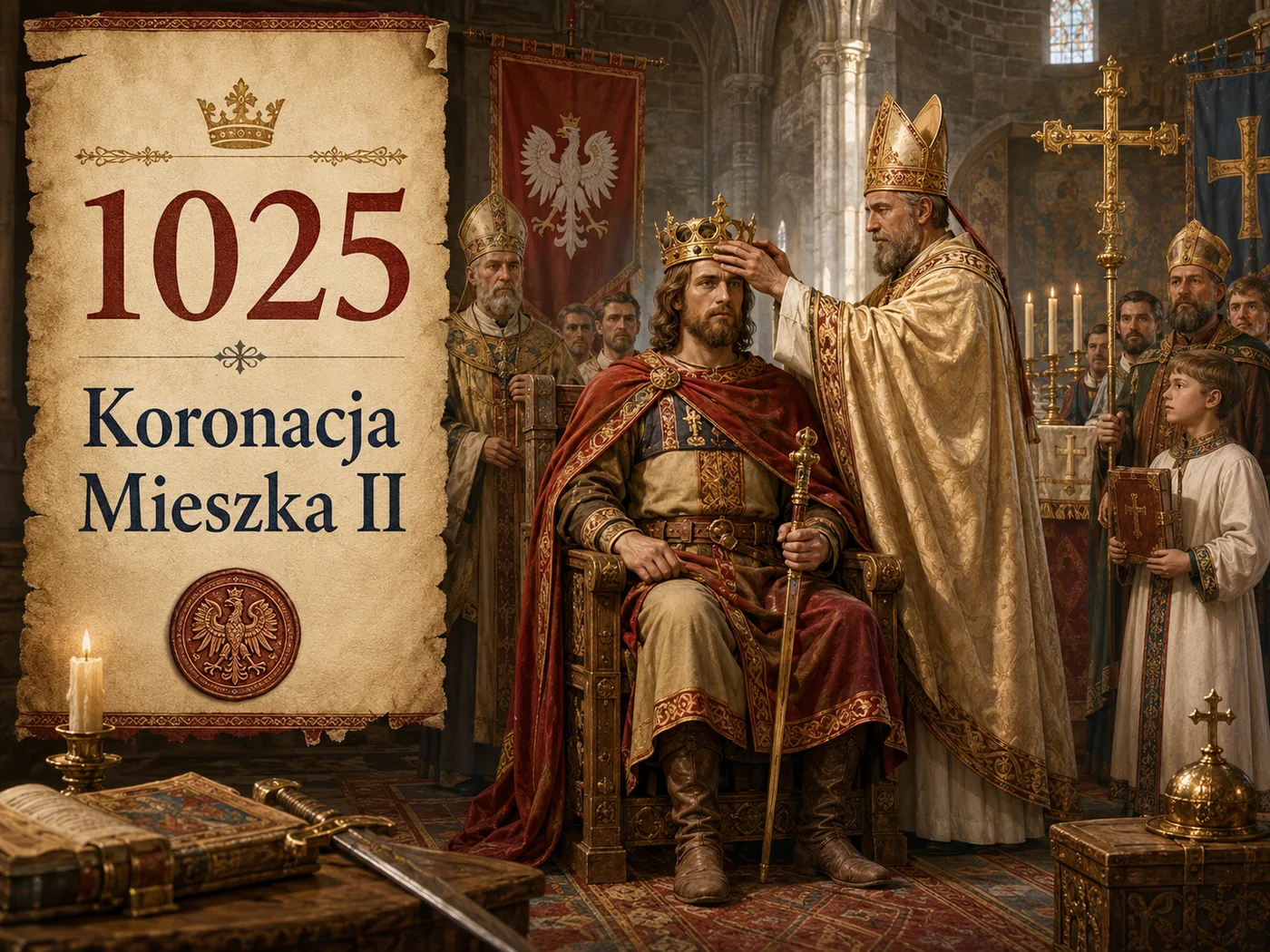 Koronacja Mieszka II w 1025 roku — w katedrze biskup wkłada koronę na głowę klęczącego króla, w otoczeniu dostojników i duchowieństwa.
