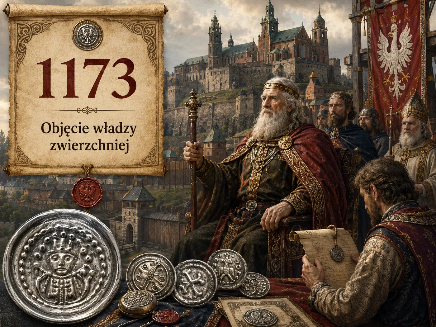 Sędziwy Mieszko III Stary obejmuje tron krakowski w 1173 roku jako książę zwierzchni; w tle motyw brakteatów — cienkich srebrnych monet z jego czasów.