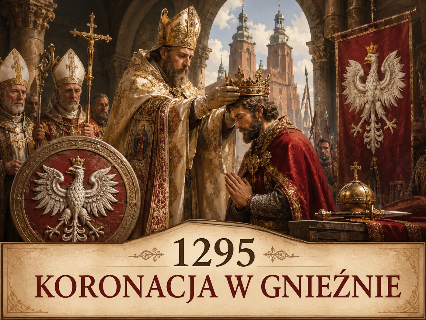 Koronacja Przemysła II w katedrze gnieźnieńskiej w 1295 roku — arcybiskup Jakub Świnka wkłada koronę na głowę klęczącego króla; obok pieczęć majestatyczna z Orłem Białym.