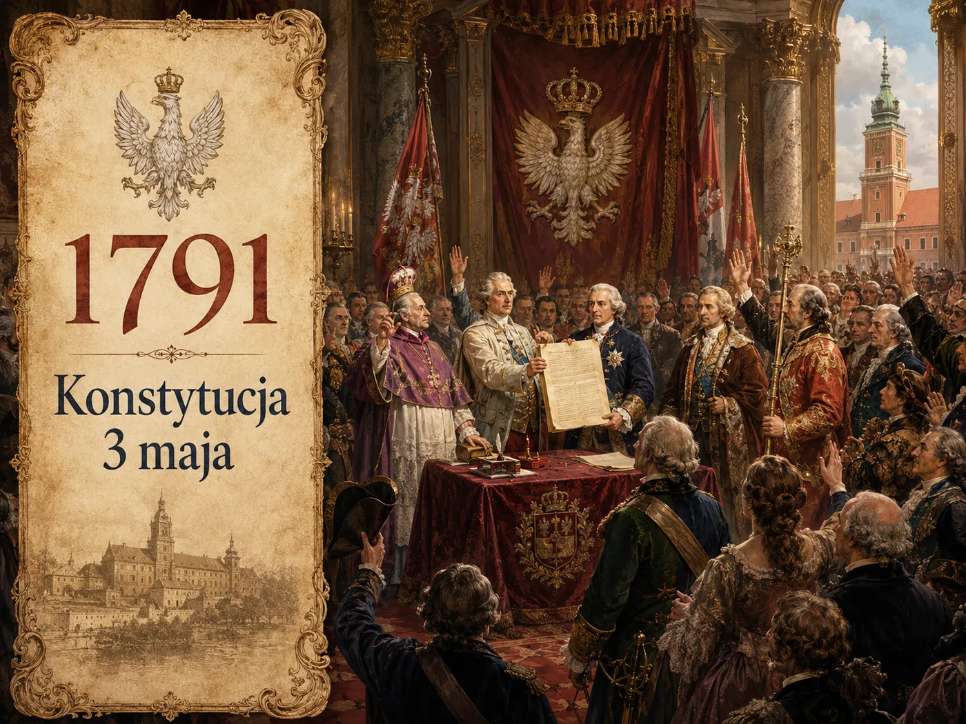 Uchwalenie Konstytucji 3 maja 1791 na Zamku Królewskim w Warszawie — posłowie składają przysięgę, wiwatujący tłum.