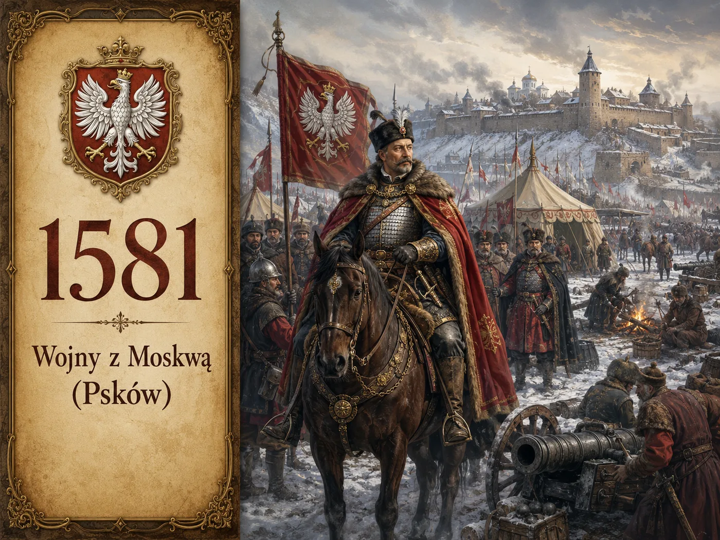 Stefan Batory jako król-wódz w zimowym obozie pod oblężonym Pskowem w 1581 roku — artyleria, namioty i wojska oblegające twierdzę.