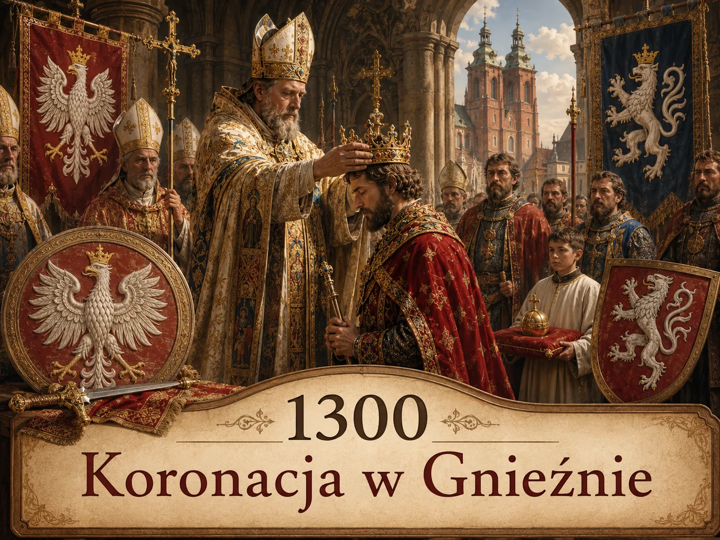 Koronacja Wacława II w katedrze gnieźnieńskiej w 1300 roku — czeski król przyjmuje koronę Polski; symbole obu państw (Orzeł Biały i czeski lew) łączą się w unii personalnej.