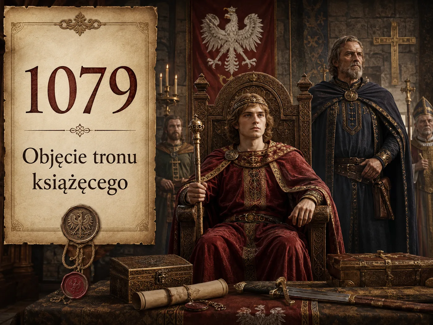Władysław Herman zasiada na tronie książęcym w 1079 roku, w otoczeniu dworu; za nim stoi wpływowy palatyn Sieciech.