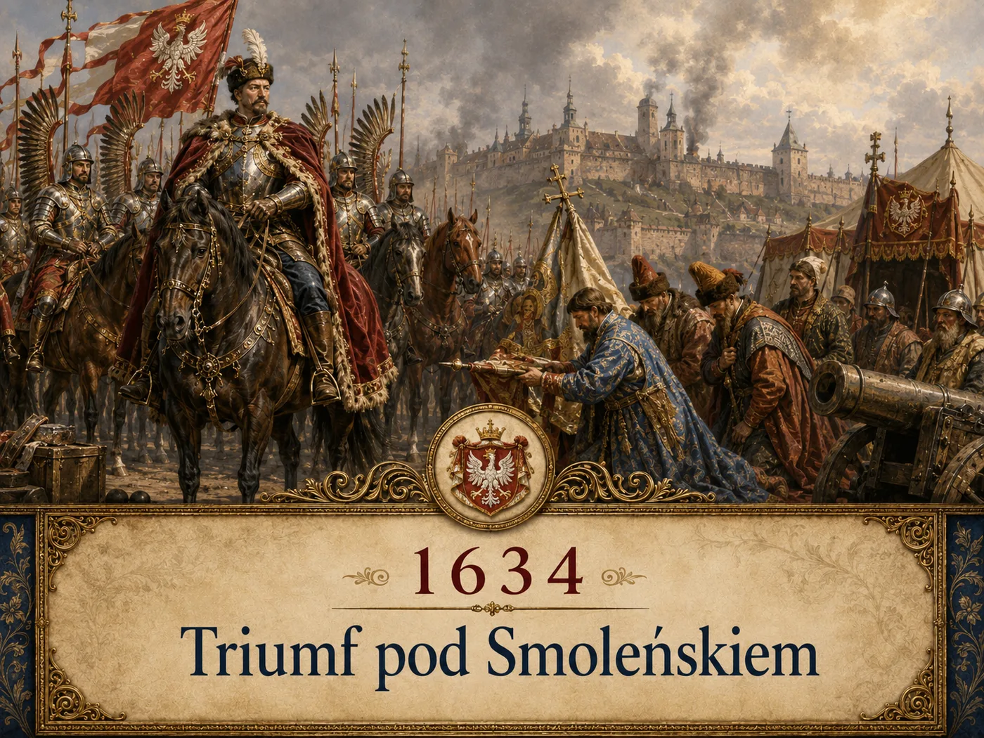 Triumf pod Smoleńskiem 1634 — król Władysław IV jako wódz przyjmuje kapitulację armii rosyjskiej; w tle husaria i twierdza smoleńska.