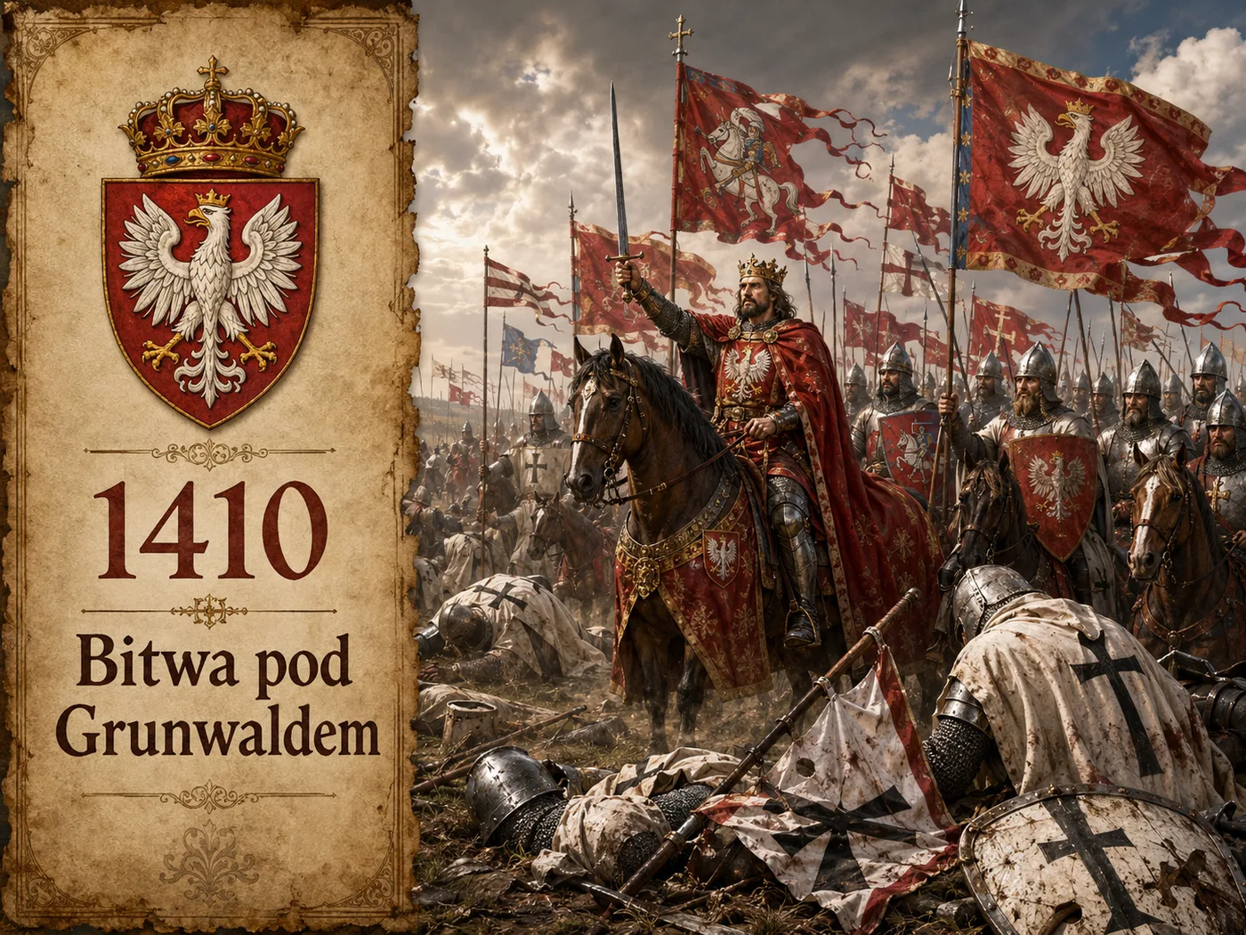 Bitwa pod Grunwaldem w 1410 roku — Władysław Jagiełło i polsko-litewskie rycerstwo z chorągwiami rozbijają wojska zakonu krzyżackiego.