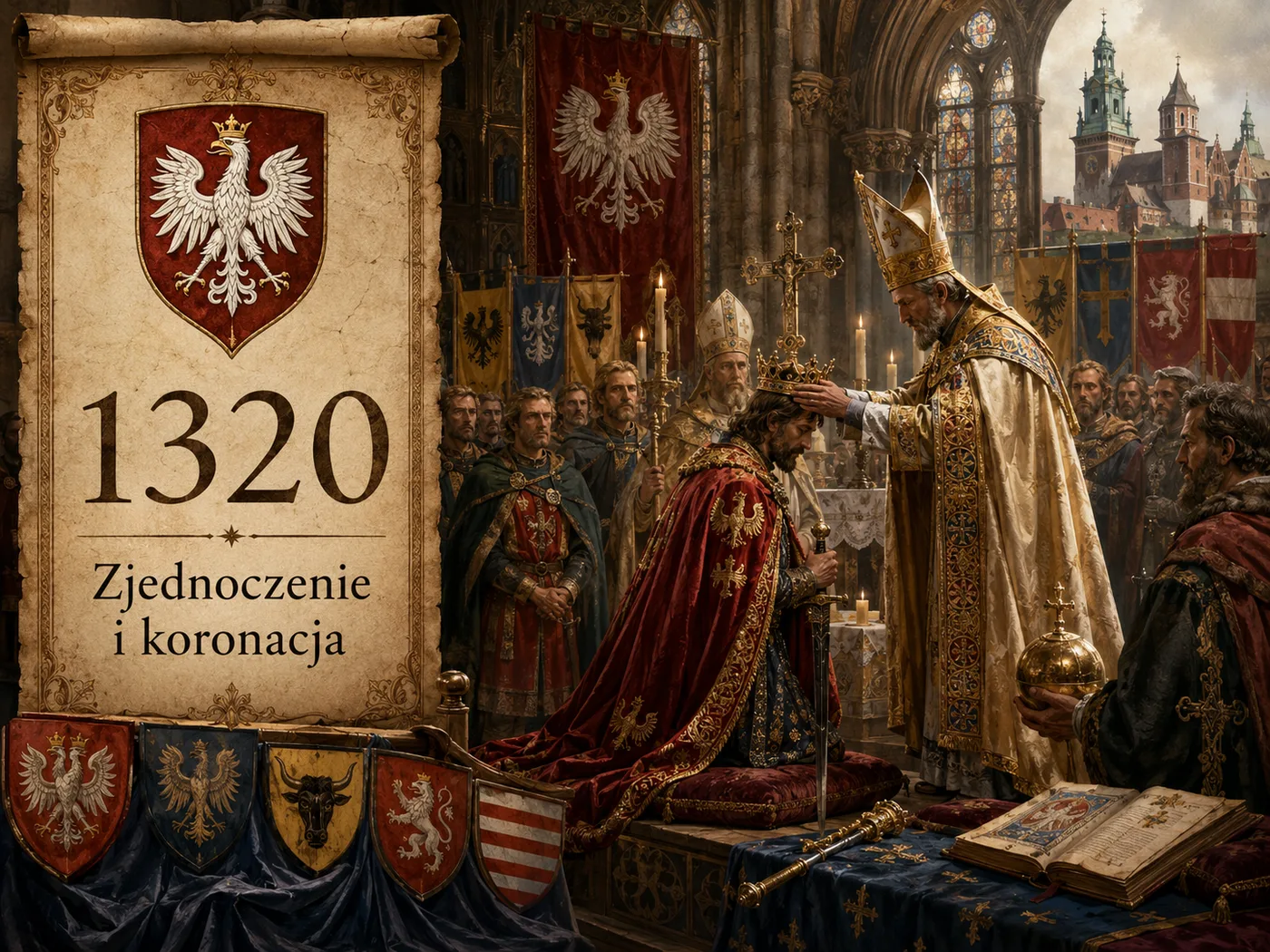 Koronacja Władysława Łokietka na Wawelu w 1320 roku — niski wzrostem król przyjmuje koronę od biskupów, symboliczny koniec rozbicia dzielnicowego.
