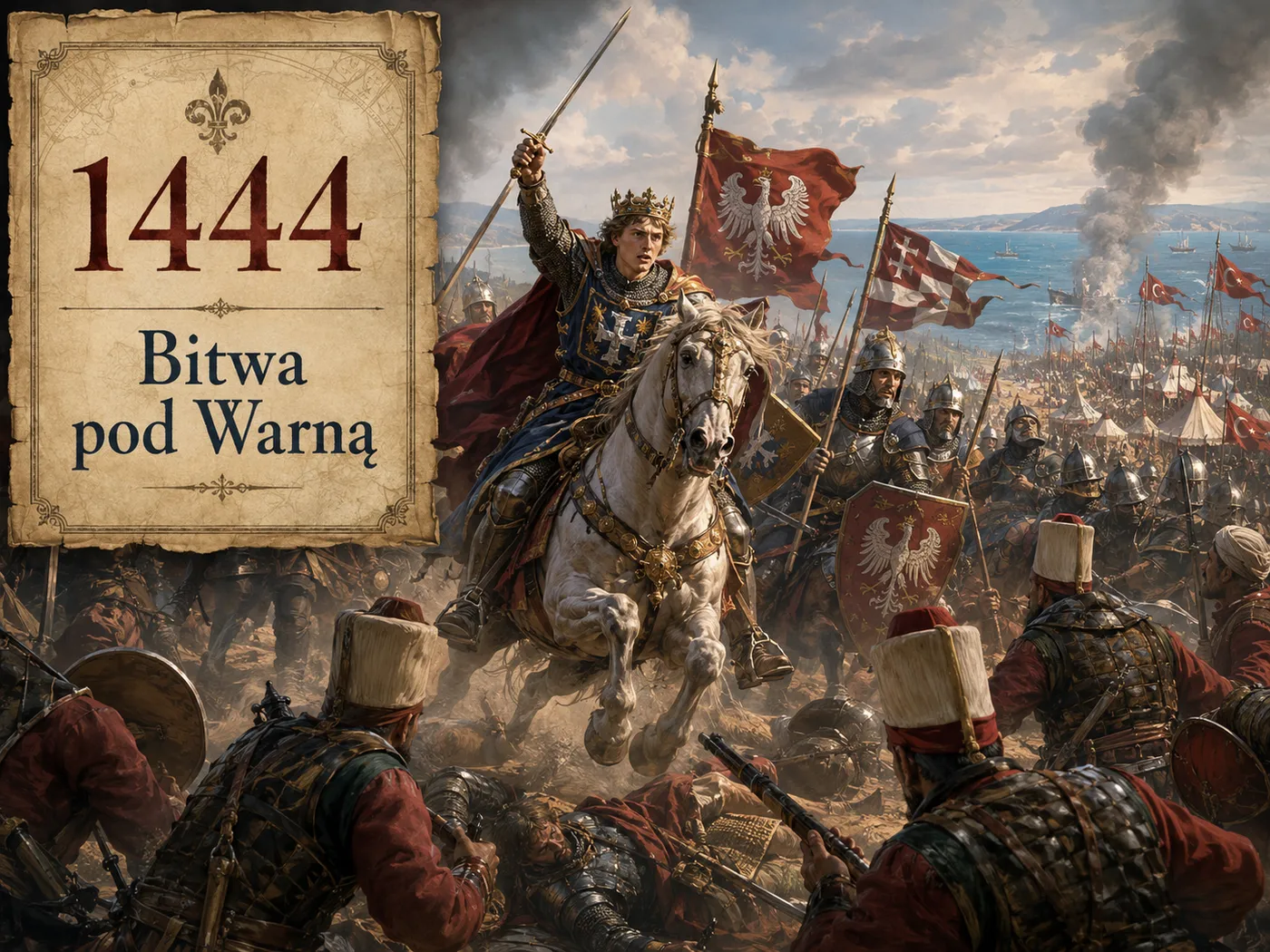 Młody król Władysław III w konnej szarży na oddziały janczarów podczas bitwy pod Warną nad Morzem Czarnym w 1444 r.