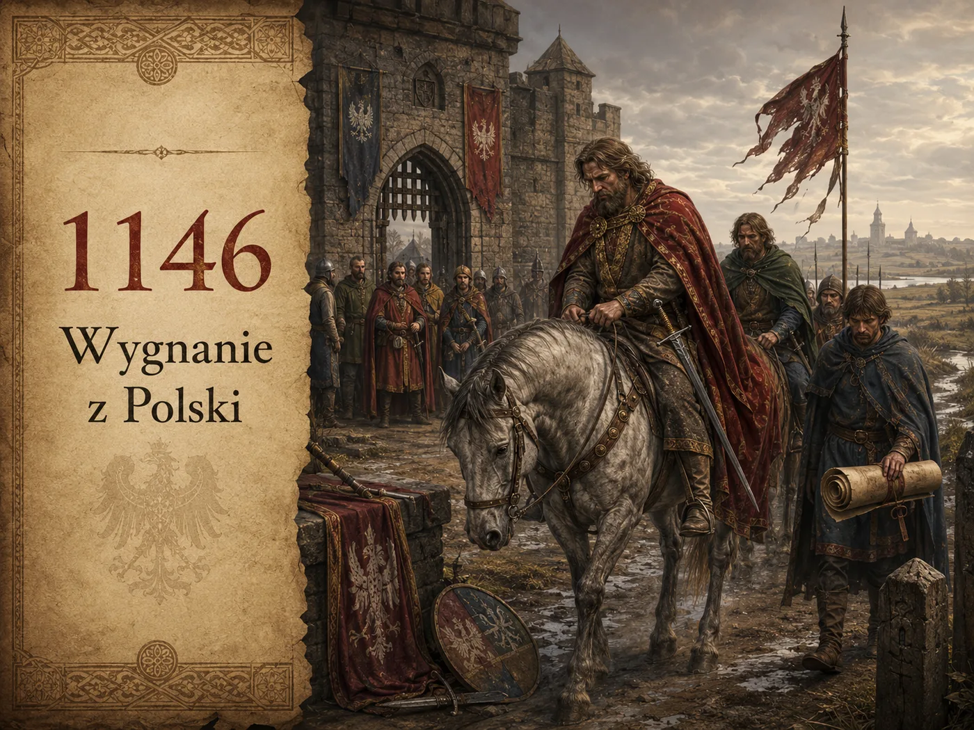 Władysław Wygnaniec opuszcza Polskę w 1146 roku — orszak księcia zmierza ku granicy po przegranej wojnie z młodszymi braćmi.
