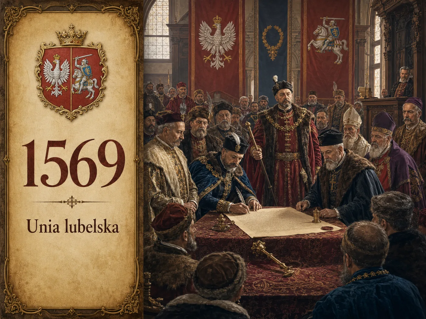 Podpisanie unii lubelskiej na sejmie w Lublinie w 1569 roku — król, senatorowie i posłowie Korony oraz Litwy wokół aktu unii.