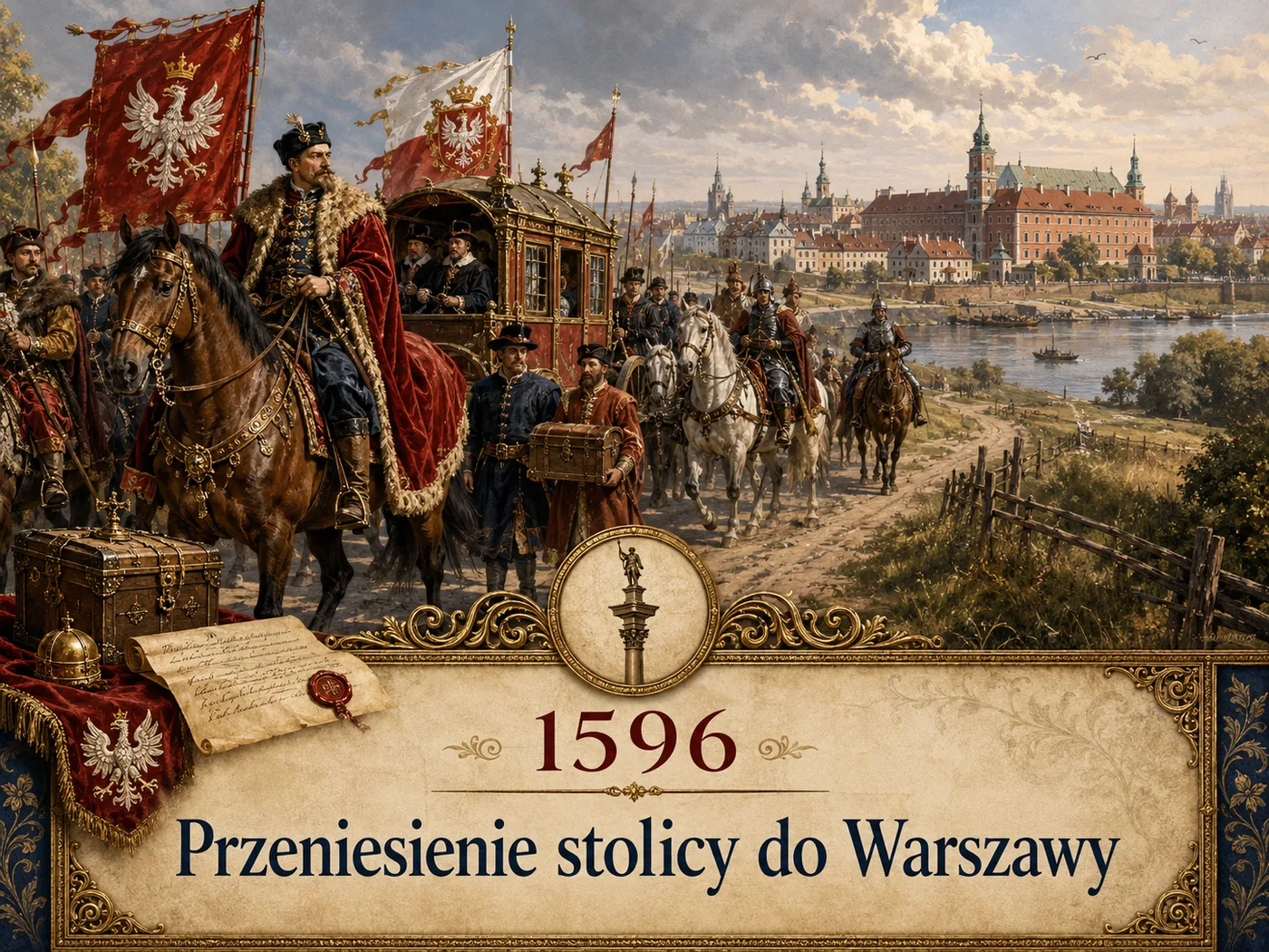 Przeniesienie stolicy do Warszawy za Zygmunta III Wazy (ok. 1596) — królewski dwór w drodze z Krakowa; w tle panorama Warszawy z Kolumną Zygmunta.