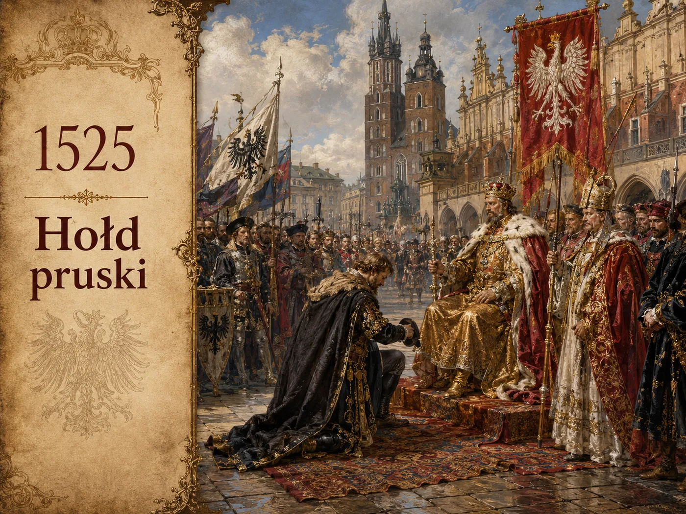 Hołd pruski 1525 na rynku krakowskim — Albrecht Hohenzollern klęka przed królem Zygmuntem Starym, składając przysięgę lenną (scena w stylu obrazu Matejki).